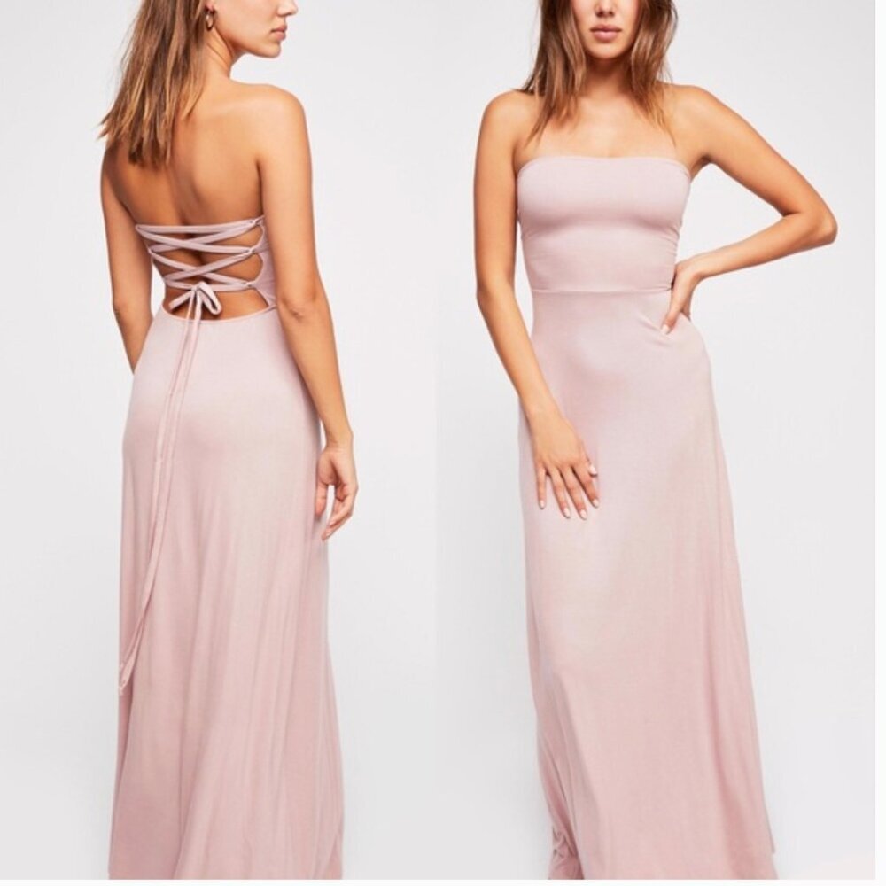 Free People Strapless Lace-Up Back Maxi Dress in Dusty Pink
